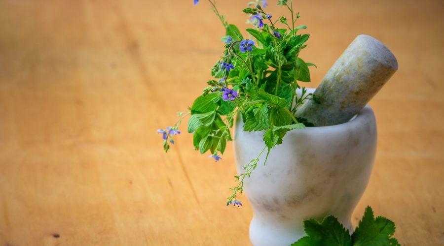 purple petaled flowers in mortar and pestle
