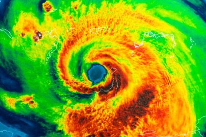 A storm radar depicting the swirling clouds of a hurricane in red, orange, and green. The rest of the radar is blue.