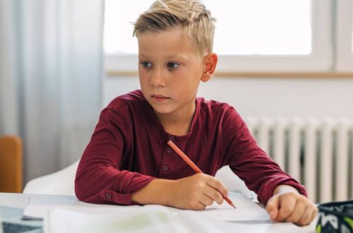 A young blond-haired blue-eyed boy in a red shirt sitting at a desk with notebooks and a colored pencil with an open laptop.