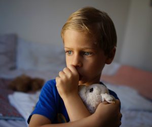A young boy wearing a blue t-shirt holds a plush, white bunny against his chest while he sucks his thumb.