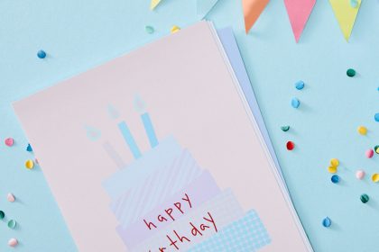 A birthday card with a cake reading "happy birthday" sits on a blue background with multicolored confetti and a banner.