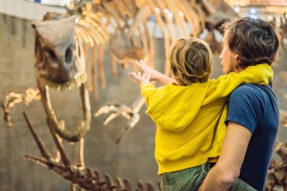 A man inside a museum holding a little boy in a yellow sweatshirt and pointing at a large T-Rex skeleton.