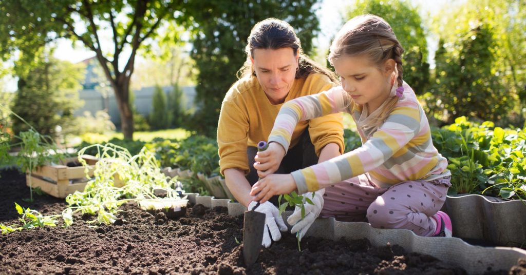 A mom and daughter kneel in a garden as they plant some seedlings. The young daughter holds a trowel as she gardens.