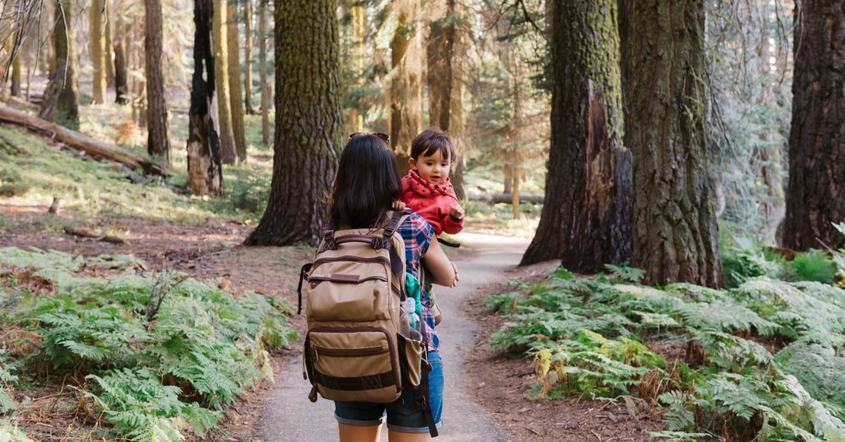 A young mother carries her daughter, who is a toddler, and a backpack, as she walks a trail in a forest.