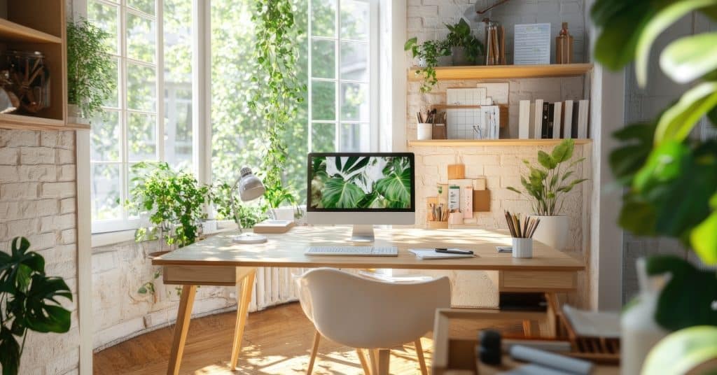 A wooden desk sits in a brightly lit room filled with plants. The computer monitor on the desk has a leaf desktop wallpaper.