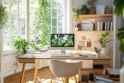 A wooden desk sits in a brightly lit room filled with plants. The computer monitor on the desk has a leaf desktop wallpaper.