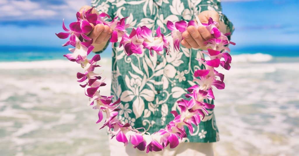 A person holds a pink orchid lei shaped like a heart on a Hawaiian beach, wearing a green aloha shirt with ocean waves behind him.