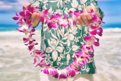 A person holds a pink orchid lei shaped like a heart on a Hawaiian beach, wearing a green aloha shirt with ocean waves behind him.