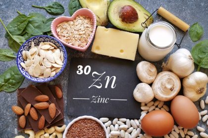 A chalkboard that contains the periodic symbol for zinc surrounded by foods with zinc, including eggs, mushrooms, and nuts.