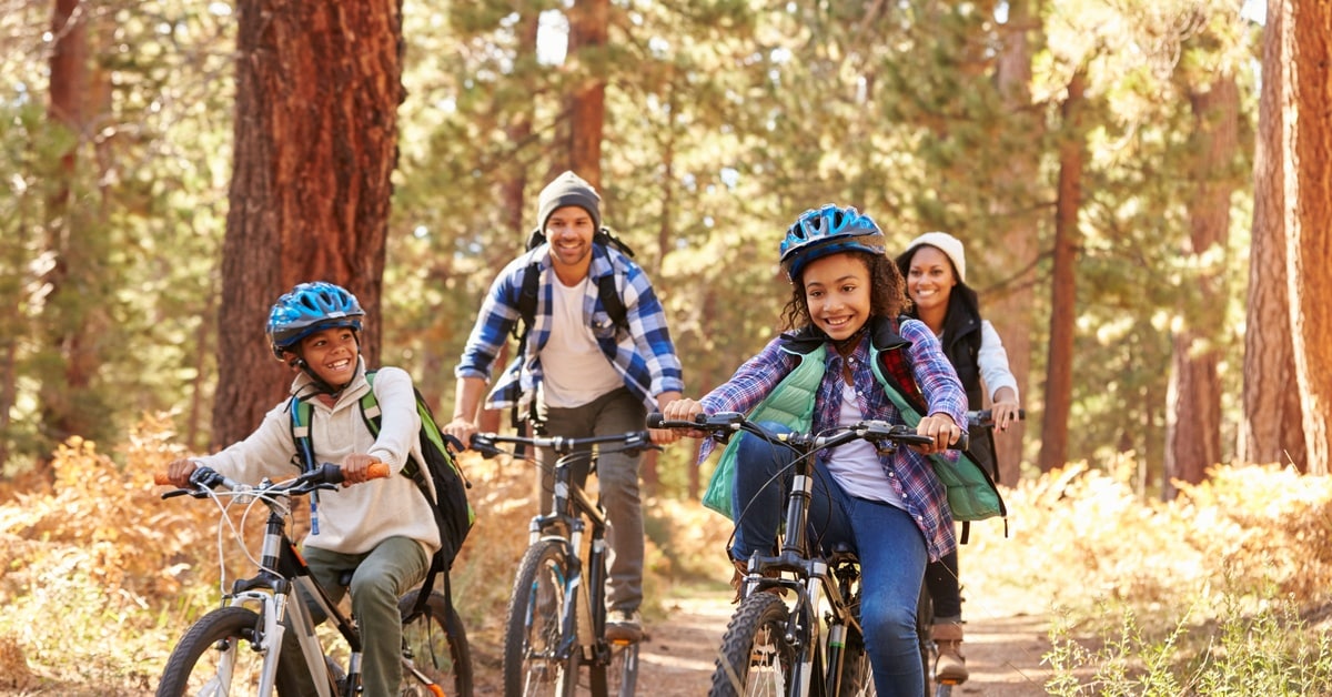 A family of four riding bicycles along a sunlit forest trail, with two children wearing blue helmets in front.